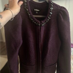 Express Plum Knit Sweater with Jewel Detail